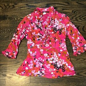 J Crew Ruffle Neck, Open Collar, Floral Pink Women's Blouse - Size 0